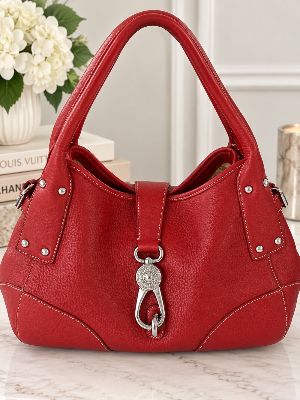 Vintage Y2K Dooney & Bourke Red Pebbled Leather Satchel Shoulder Bag Silver Logo